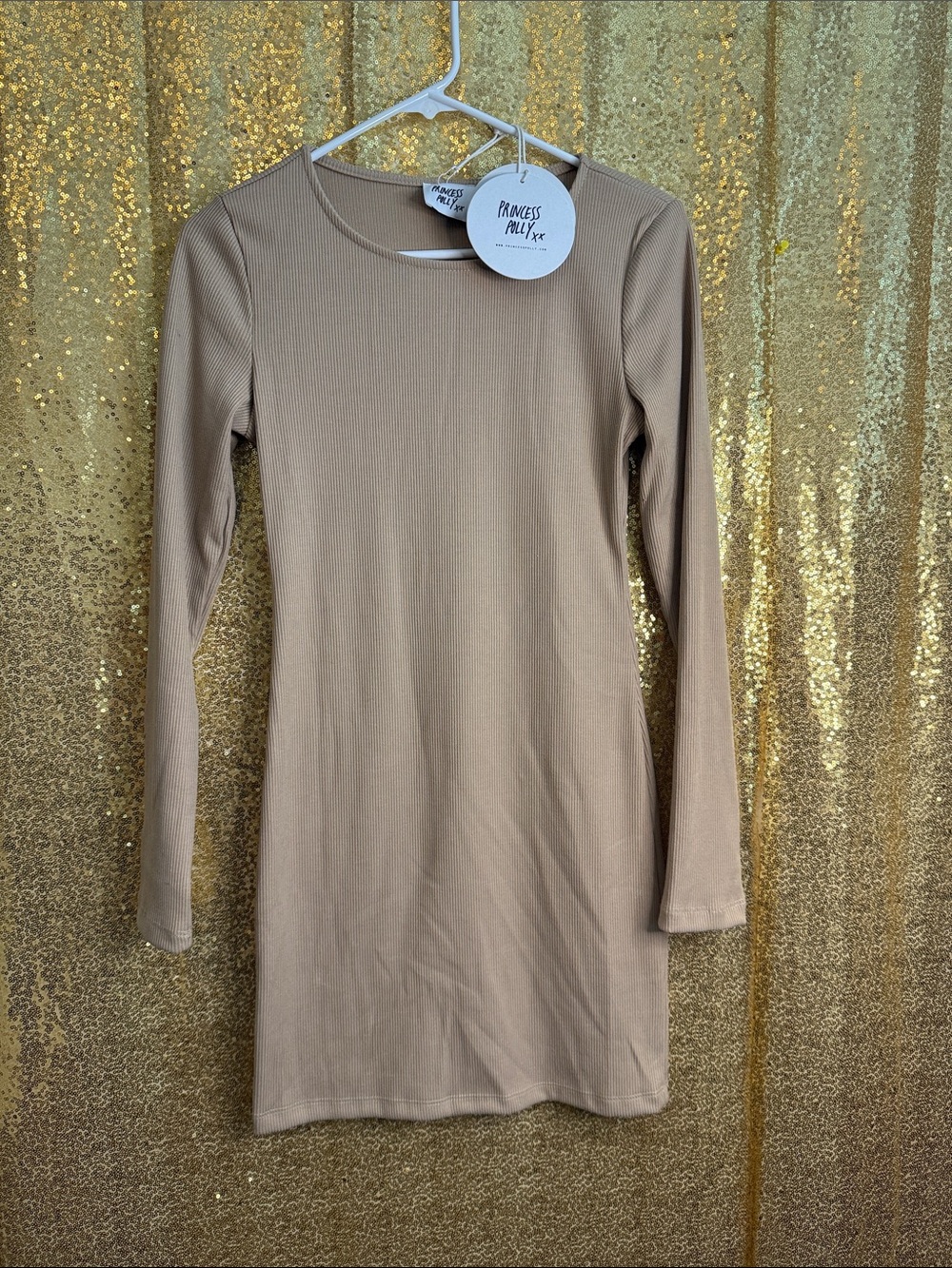 Princess Polly Beige Long Sleeve Ribbed Mini Dress